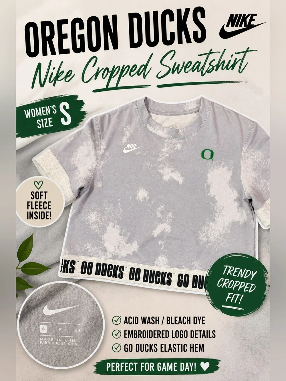 Nike Oregon Ducks Cropped Sweatshirt Tie Dye Bleach Wash Gray Women’s Size Small